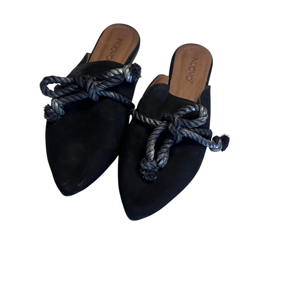 Inuovo Black Leather Pointed Toe Rope Knot Mules Flat Slides Womens Size 38